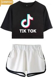 CINPOO Ladies/Girls TIK Tok Printed T-Shirt Music Video App Logo Crop Top with Shorts Hip Hop Streetwear Pyjama Sets11