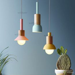 Modern Nordic Macaron Pendant Lamp Iron Wood Hotel Restaurant Sitting Dining Room Bedroom Pink Green Yellow Hanging Suspension Lighting