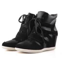 Hot Sale-Young Ladies Women's Formal Wedge Korean Style Hidden Heel Suede Leather Fashion Sneaker Lace-up Sport Shoes