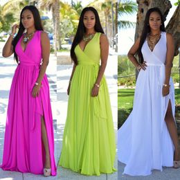 famous brandCasual Dresses New Fashion Women Summer Long Maxi BOHO Party Dress Beach Dresses Sleeveless V neck Sundress Solid Sashes Dress