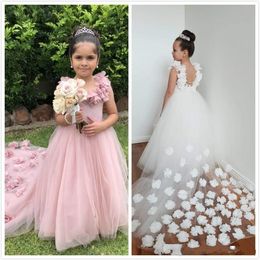 2024 Cheap Princess Pink White Pageant Dresses Sleeveless Hand Made Flowers Tulle Sweep Train Kids Flower Girls Dress Birthday Gowns 403