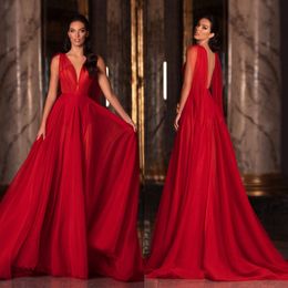 Red A Line Backless Evening Dresses Deep V Neck Prom Gowns Sweep Train Chiffon Plus Size Formal Dress