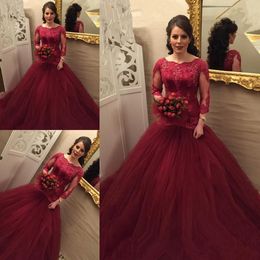 2019 New Formal Mermaid Prom Dresses Burgundy Lace Tulle Beaded Appliques 3/4 Long Sleeves Puffy Sweep Train Evening Dress Party Gowns Wear