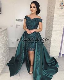 Elegant Off Shoulder Emerald Green Arabic Evening Dress with Detachable Train Kaftan Dubai Women Plus Size Formal Prom Dresses