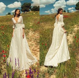 Sexy High V-neck Wedding Dresses Long Sleeve Applique Lace A Line Wedding Gown Beach Backless Sweep Train Vestidos De Novia Custom Made