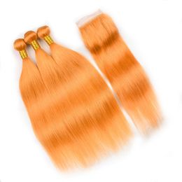 Colored Orange Indian Human Hair Weave Wefts with Closure Pure Orange Silky Straight Human Hair 3Bundles with Lace Front Closure 4x4