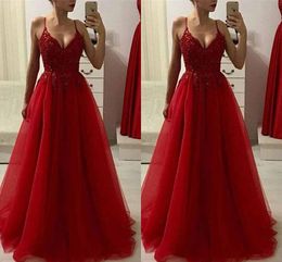 Empire Waist A-line Red Evening Dresses Lace Applique Beaded Sexy Deep V-neck Tulle Prom Dress Long Elegant Formal Gowns Party Cocktail