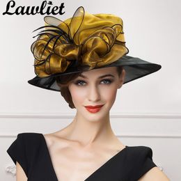 Lawliet luxury Women Fascinators Organza Bow Sun Hats Gold Gray Wide Brim Lady Kentucky Derby Race Wedding Hats Bride Mom's Hat D19011103