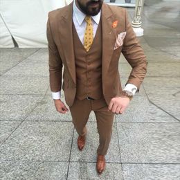 Brand New Brown Groom Tuxedos Peak Lapel Slim Fit Groomsmen Wedding Dress Excellent Man Jacket Blazer 3 Piece Suit(Jacket+Pants+Vest+Tie)116