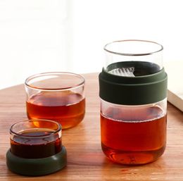 Portable Glass Travel Cup With Tea Infuser Filter Lid Belt Cover Work Office Milk Mug Coffee Tea Cups Heat-resistant Three Sets Thickening