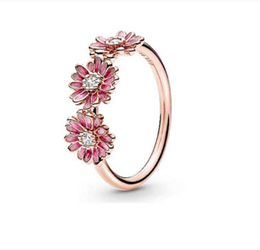 FAHMI 100% 925 Sterling Silver 188792C01 Rose Pink Daisy Flower Trio Ring Simple Romantic Original Women's Jewelry