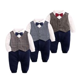 Kids Clothing Baby Boy Gentleman Rompers Newborn Baby Long Sleeved Jumpsuitsfor 0-24m waistcoat bow tie cute Toddler Clothes M295