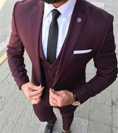 Hot Selling Groomsmen Notch Lapel Groom Tuxedos Burgundy Men Suits Wedding/Prom/Dinner Best Man Blazer ( Jacket+Pants+Tie+Vest ) K237