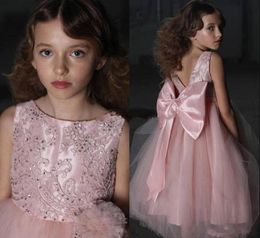 Pink Little New Pageant Dresses Jewel Lace Appliques Beaded Tulle V Back With Bow Flower Girls Dress For Wedding Birthday Gowns