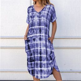 QNPQYX Women Summer Casual Dress Short Sleeve Tie-dye Print Mid Long Dress V-Neck Side Splited Pockets Dress Big Size Vestidos dropshipping