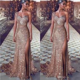 2019 Latest Sparkling Sequined Prom Dresses One Shoulder Sequins Sexy High Side Split Mermaid Evening Dress Sweep Train Cocktail Party Dress