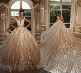hot sell custom made ballroom wedding dresses vneck appliqued sleeveless sequins bridal gown backless ruched court train robes de marie