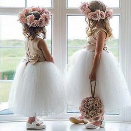 Cute White Beads Tulle flowers girls dresses With Bow Sash Girls Pageant Dresses Tea Length Ruched Girls Party dresses Custom Made