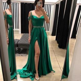 Dark Green Sexy A Line Prom Dresses Long With Beaded Sash High Side Split Spaghetti Straps Evening Gowns Formal Party Dress Vestidos