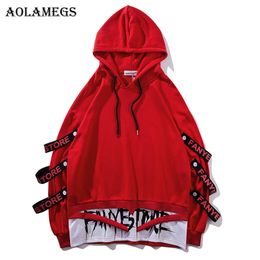 Aolamegs Hoodies Men Fake 2 Pieces Ribbons Hooded High Street Pullover Sweatshirt Men Fashion Hip Hop Streetwear Hoodie Autumn SH190701