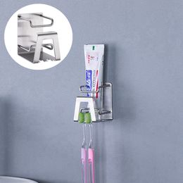 Stainless Steel Toothbrush Holder Punch-free Wall Mount Bathroom Toothbrush Toothpaste Rack Home Bath Accessories Shelf HHA1185