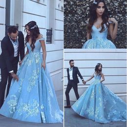 2024 New Light Sky Blue Quinceanera Ball Gown Dresses Off Shoulder Lace Appliques Beaded Sweet 16 Plus Size Sexy Party Prom Evening Gowns 403