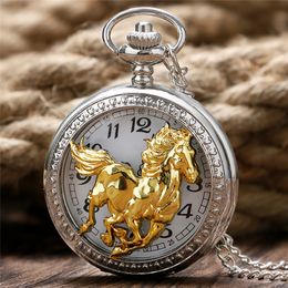 Chinese Style Running Golden Horse Silver Quartz Pocket Watch Retro Necklace Chain Hollow Out Case Birthday Gift