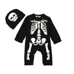 Halloween Baby Long Sleeves Skull Rompers Skeleton Printed Jumpsuits + Hat 2pcs/set Infants Clothing Sets Halloween Outfits M355