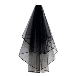Black Bridal Veils With Comb Two Layers Short Ribbon Edge Wedding Shoulder Veil Soft Tulle