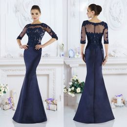 Navy Blue Janique Mermaid Mother of The Bride Dresses Jewel Half Sleeve Lace Applique Wedding Guest Dress Sweep Train Evening Gowns