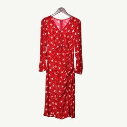 2019 Fall Winter Long Sleeve V Neck Red Floral Print Ribbon Draped Mid-Calf Dress Women Fashion Dresses D2616288