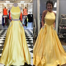 Yellow Two Pieces Prom Dresses 2019 Beads Pockets Formal Evening Party Pageant Gowns Special Occasion Dress Dubai 2k19 Black Girl Couple Day