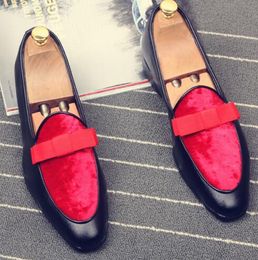 2019 Brand New Men Pointed Flats Bow Knot Red Casual Shoes No Tie Shoe laces Loafers Male Nightclub Slip On Dress Shoes