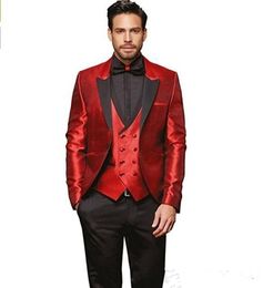 New High Quality One Button Red Groom Tuxedos Peak Lapel Groomsmen Best Man Suits Mens Wedding Suits (Jacket+Pants+Vest+Tie) 860