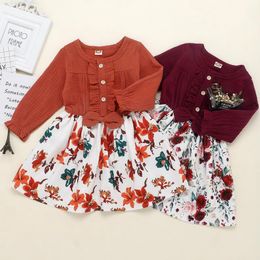 INS Baby Girl Dresses Cotton Linen Toddler Princess Dress Long Sleeve Girls Floral Dresses Fashion Baby Clothing 2 Colors DW4855