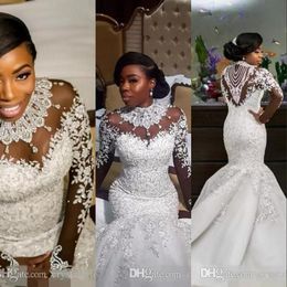 2023 African Black Girl Plus Size Mermaid Wedding Dresses High Neck Lace Appliques Beaded Crystal Illusion Long Sleeves Long Bridal Gowns