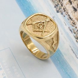 Stainless Steel Free-Mason Freemasonry Ring Gold Hip Hop Cool Ring Men Golden Rings Punk Rock Jewellery Anillos Bar Club Freemason