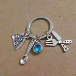 Fast Shipping Pizza, knife, fork and spoon Keychain For Keys Car Bag Charm Key Ring Handbag Couple Vintage Silver Key Chains Jewellery 713