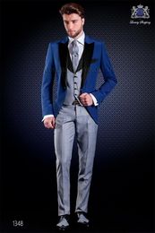 High Quality One Button Blue Groom Tuxedos Peak Lapel Men Suits Wedding/Prom/Dinner Best Man Blazer (Jacket+Pants+Vest+Tie) W431