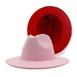 Trendy Pink Red Patchwork Large Brim Faux Wool Felt Fedora Hats Women Vintage with Leather Band Jazz Cap Trilby Cowboy Party Hat