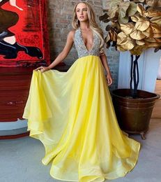 Modest Yellow Halter Long Prom Dresses Crystal Illusion Top Chiffon Evening Gown Backless Plus Size Boutique Occasion Dress
