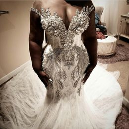 South African Plus Size Wedding Dresses Crystals Lace Beaded Cap Sleeve Sweep Train Sheer Neckline Mermaid Wedding Dress Robes De 290r