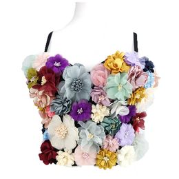 Women Multicolor Floral Embroidery Bralette with Colourful Three-Dimensional Cups and Flowers Appliques Fashion Crop Top Tube Top Strap S-L