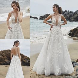 Gorgeous A Line Lace Beach Wedding Dresses Sheer Plunging Neck Appliqued Backless Bridal Gowns Sweep Train Beaded robes de mariée
