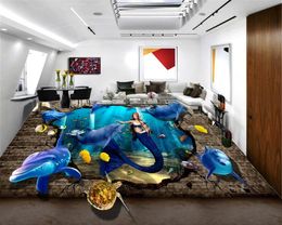 Custom 3d PVC Floor Wallpaper Beautiful Underwater World Mermaids and Dolphins Living Room Bedroom 3D Floor Wallpaper