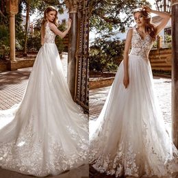 sexy floral wedding dresses vneck sleeveless lace appliqued bridal gown aline backless tulle sweep train custom made robes de marie cheap