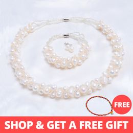 ASHIQI Real Natural Freshwater Pearl Handmade Jewellery Sets & More 4 Colours Necklace Earrings Bracelet for Women Bridal Gift