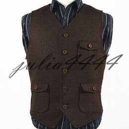 2019 Dark Brown Groom Vests Country Wedding Wool Herringbone Tweed Vest Slim Fit Men's Suit Vest Dress Coat Dress Waistcoat Farm