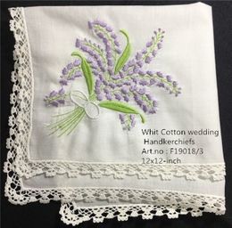 Set of 12 Fashion Ladies Handkerchiefs White Cotton Hankies with White Lace Edged & Color embroidery Floral Wedding Bridal Hanky 12x12-inch