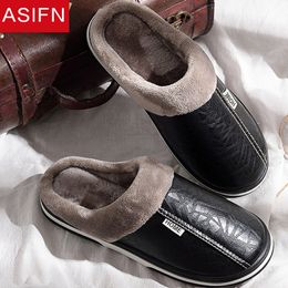 ASIFN Men's slippers Winter slippers Non slip Indoor Shoes men leather Big size House shoe Waterproof Warm Memory Foam Slipper